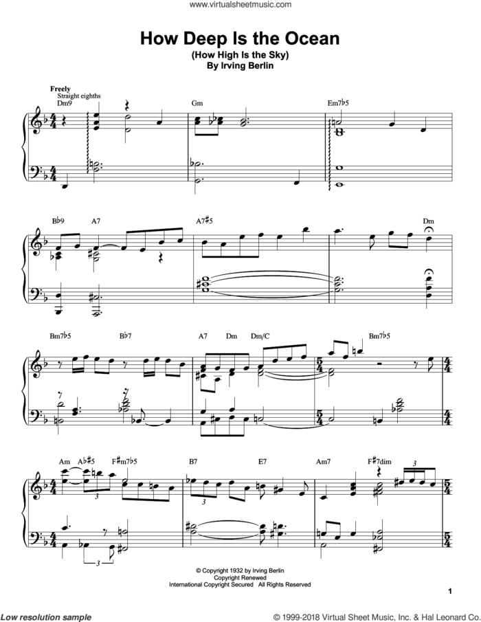 How Deep Is The Ocean (How High Is The Sky) sheet music for piano solo (transcription) by Tommy Flanagan, Ben Webster and Irving Berlin, intermediate piano (transcription)
