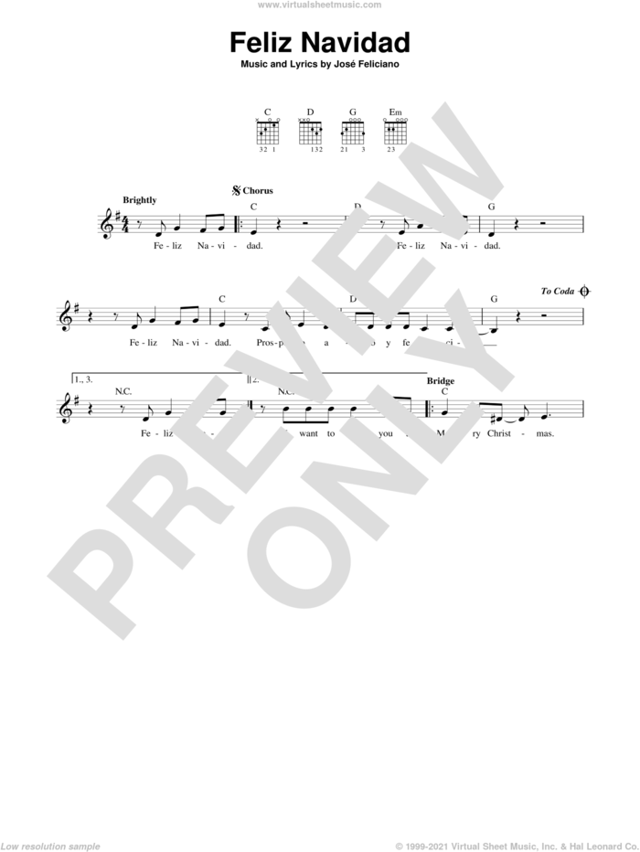 Feliz Navidad sheet music for guitar solo (chords) by Jose Feliciano and Clay Walker, easy guitar (chords)