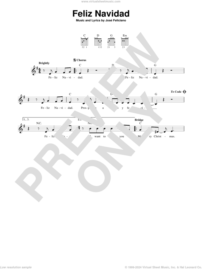 Feliz Navidad sheet music for guitar solo (chords) by Jose Feliciano and Clay Walker, easy guitar (chords)