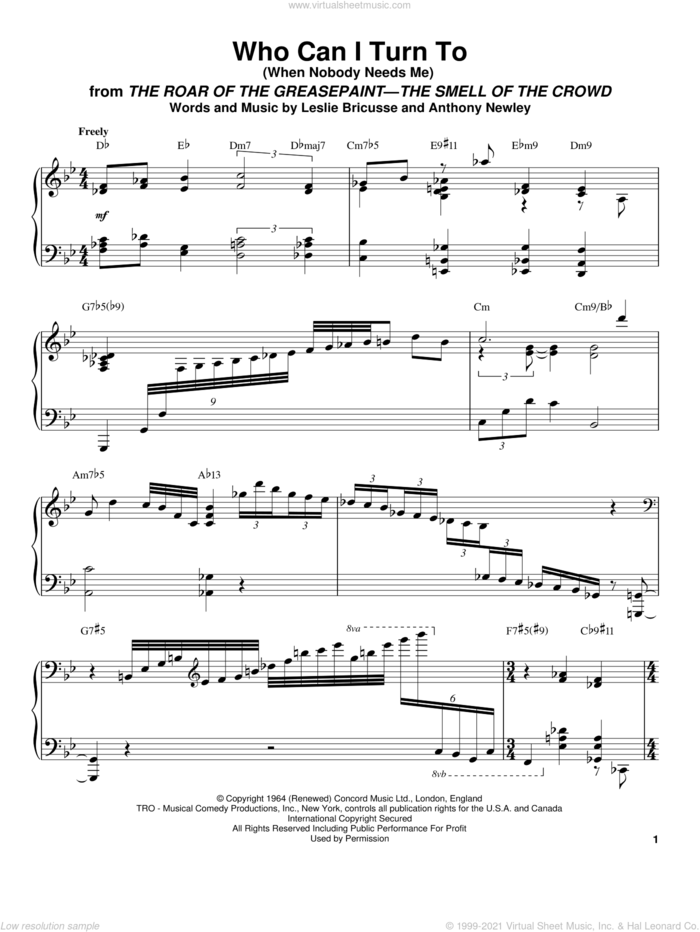 Who Can I Turn To (When Nobody Needs Me) sheet music for piano solo (transcription) by Oscar Peterson, Anthony Newley and Leslie Bricusse, intermediate piano (transcription)
