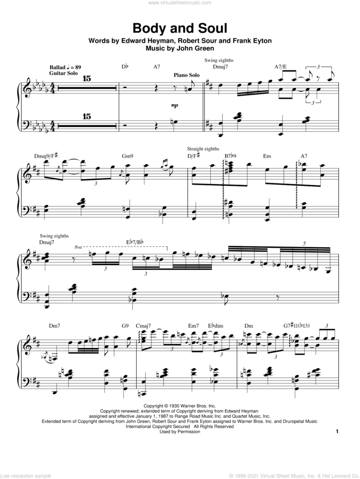 Body And Soul sheet music for piano solo (transcription) by Oscar Peterson, Edward Heyman, Frank Eyton, Johnny Green and Robert Sour, intermediate piano (transcription)