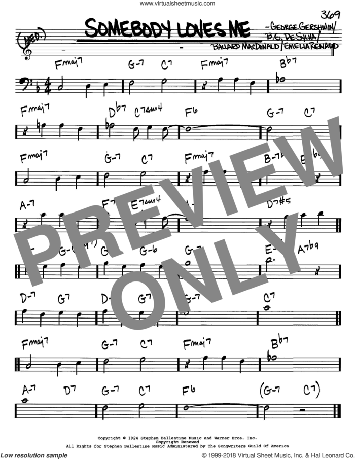 Somebody Loves Me sheet music for voice and other instruments (bass clef) by George Gershwin, Ballard MacDonald and Buddy DeSylva, intermediate skill level