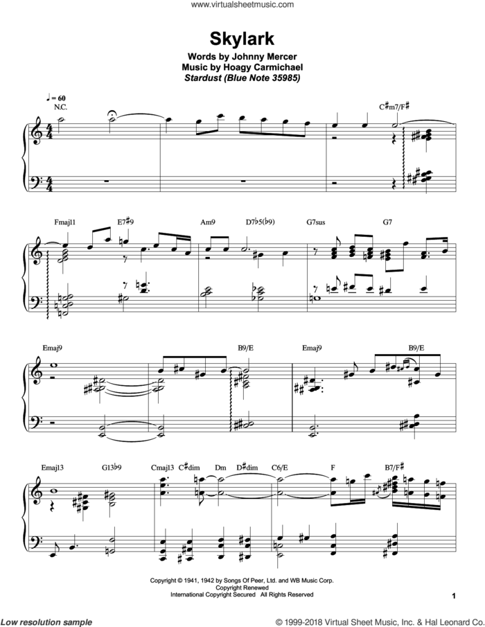 Skylark sheet music for piano solo (transcription) by Bill Charlap, Hoagy Carmichael and Johnny Mercer, intermediate piano (transcription)