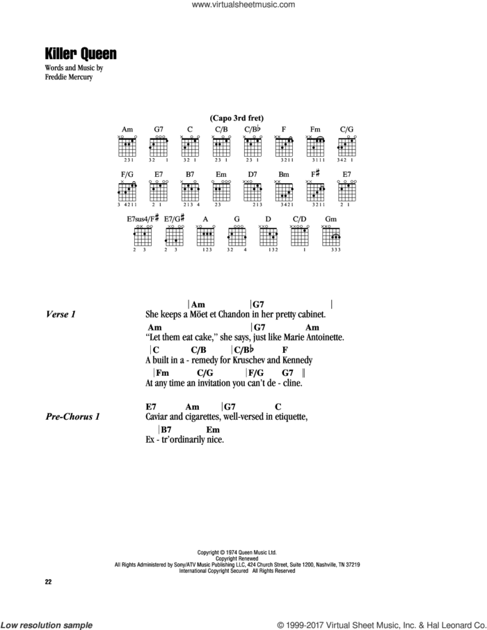 Killer Queen sheet music for guitar (chords) by Queen and Freddie Mercury, intermediate skill level