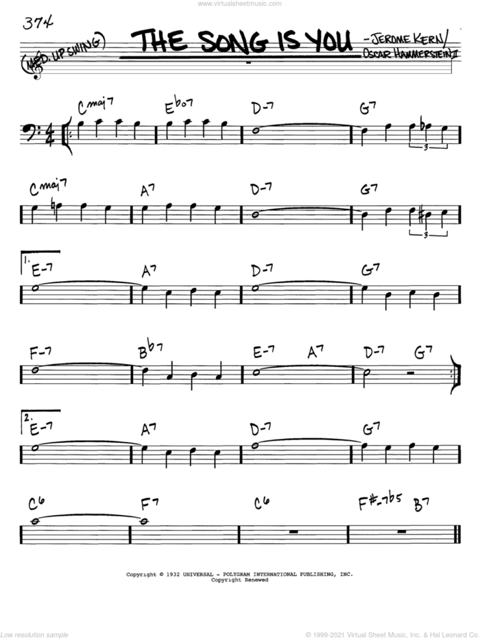 The Song Is You sheet music for voice and other instruments (bass clef) by Jerome Kern and Oscar II Hammerstein, intermediate skill level
