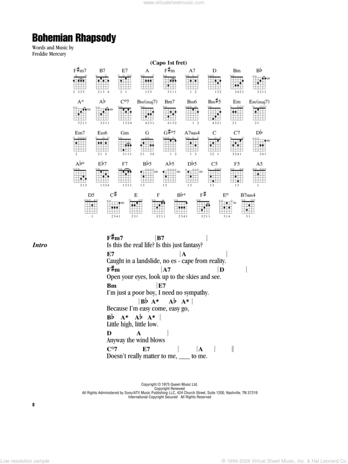 Bohemian Rhapsody sheet music for guitar (chords) by Queen and Freddie Mercury, intermediate skill level