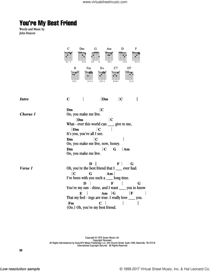 You're My Best Friend sheet music for guitar (chords) by Queen and John Deacon, intermediate skill level