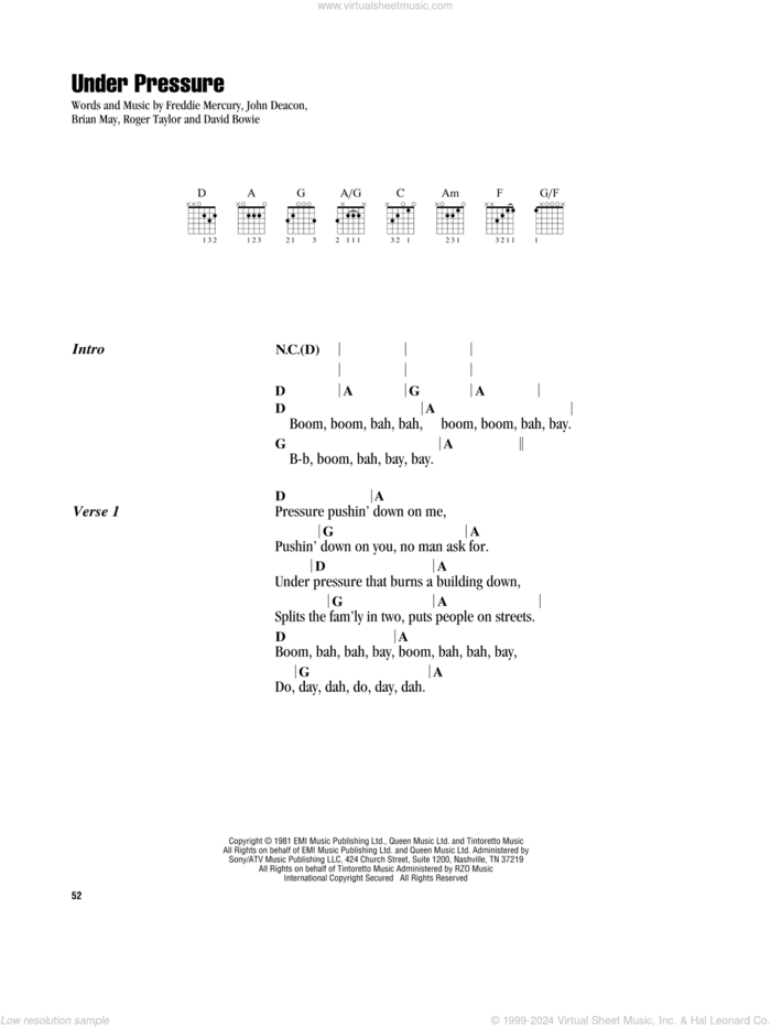 Under Pressure sheet music for guitar (chords) by Queen, Brian May, David Bowie, Freddie Mercury, John Deacon and Roger Taylor, intermediate skill level