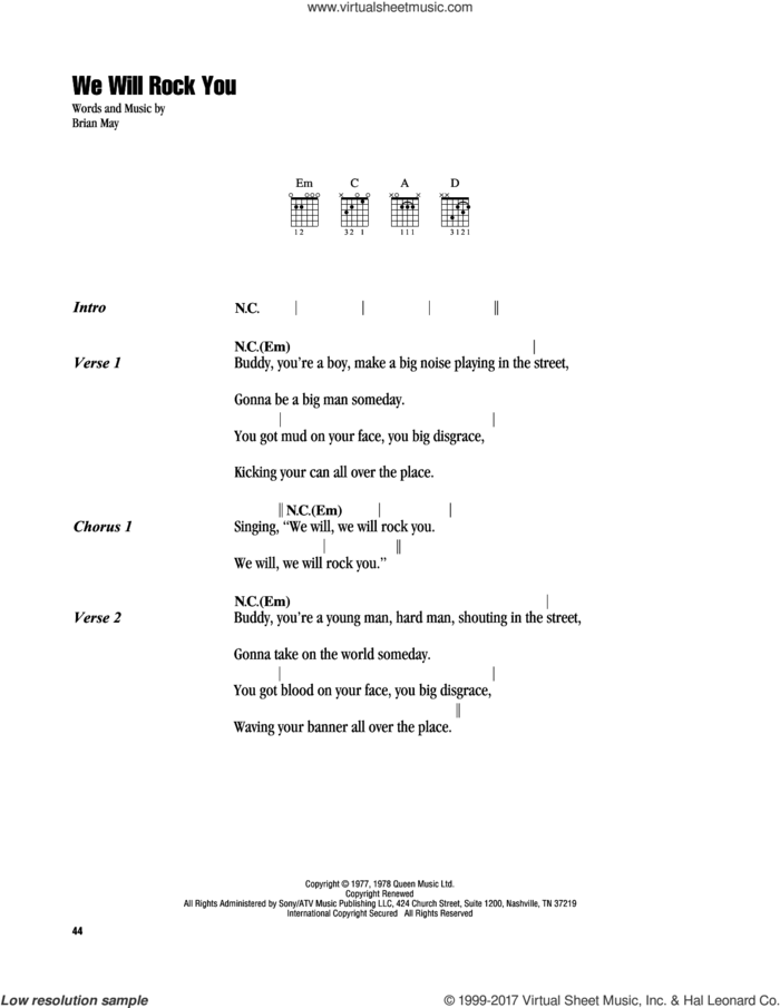 We Will Rock You sheet music for guitar (chords) by Queen and Brian May, intermediate skill level