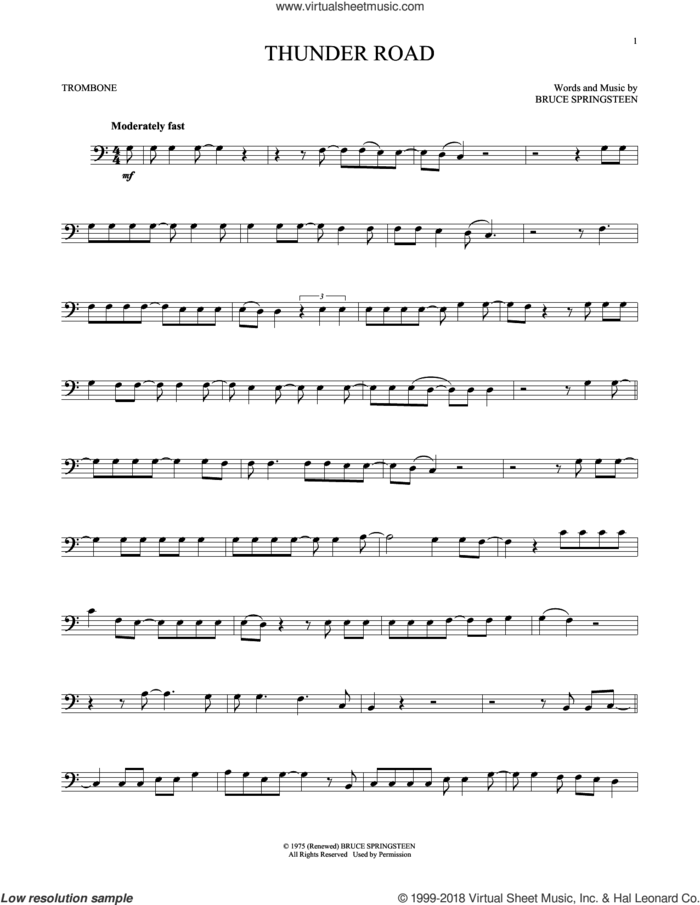 Thunder Road sheet music for trombone solo by Bruce Springsteen, intermediate skill level