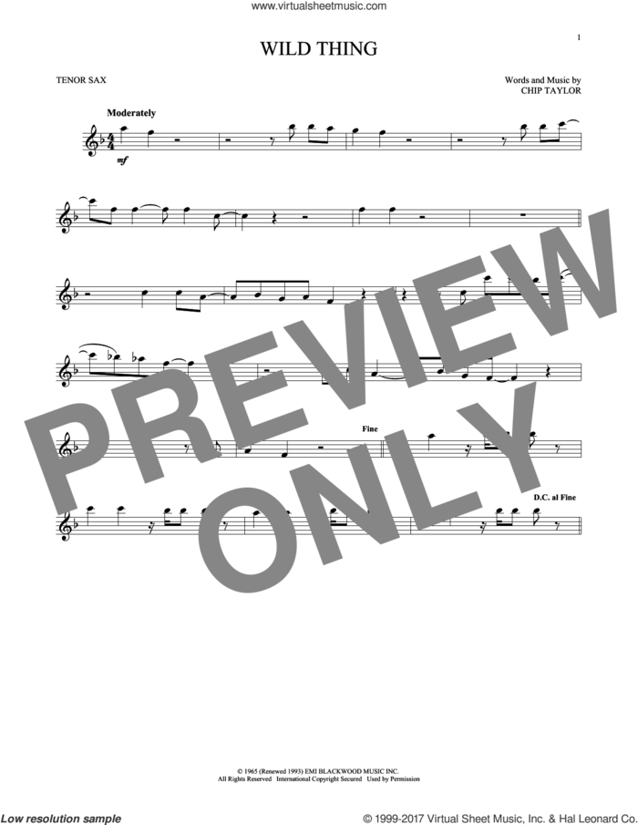 Wild Thing sheet music for tenor saxophone solo by The Troggs and Chip Taylor, intermediate skill level