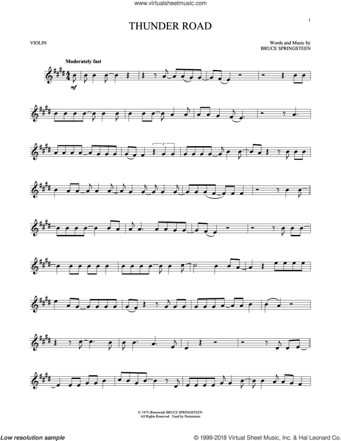 Thunder Road sheet music for violin solo by Bruce Springsteen, intermediate skill level