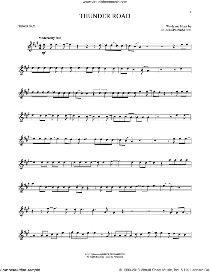 Thunder Road sheet music for tenor saxophone solo by Bruce Springsteen, intermediate skill level