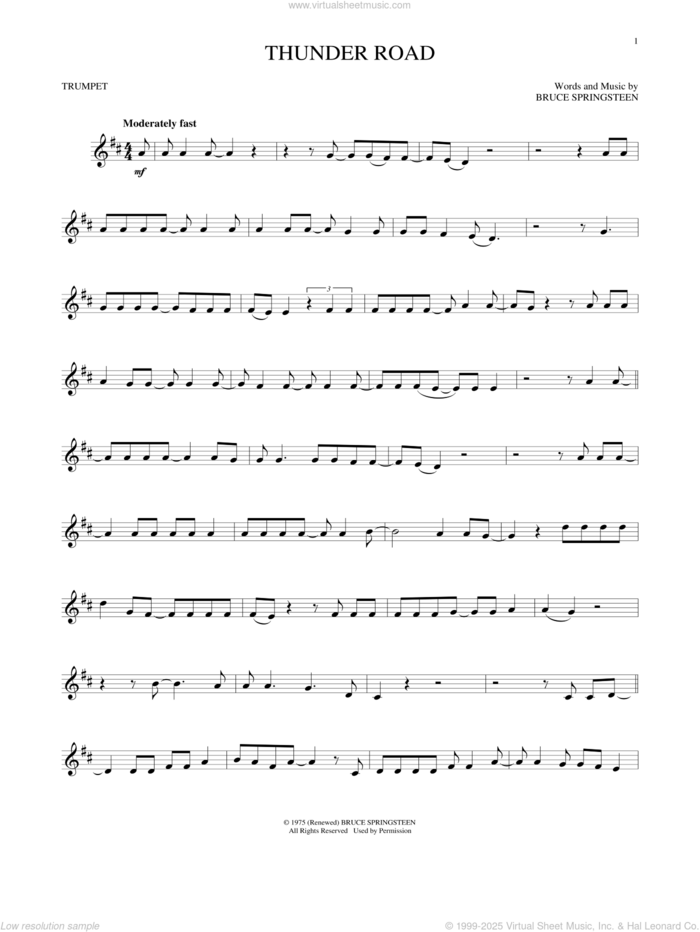 Thunder Road sheet music for trumpet solo by Bruce Springsteen, intermediate skill level