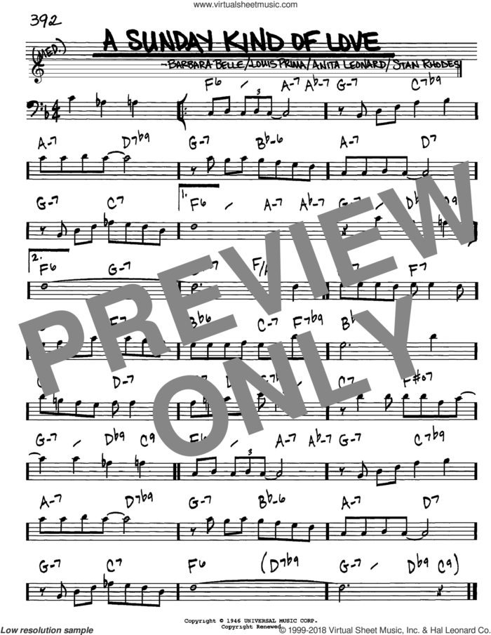 A Sunday Kind Of Love sheet music for voice and other instruments (bass clef) by Louis Prima, Anita Nye, Barbara Belle and Stan Rhodes, intermediate skill level
