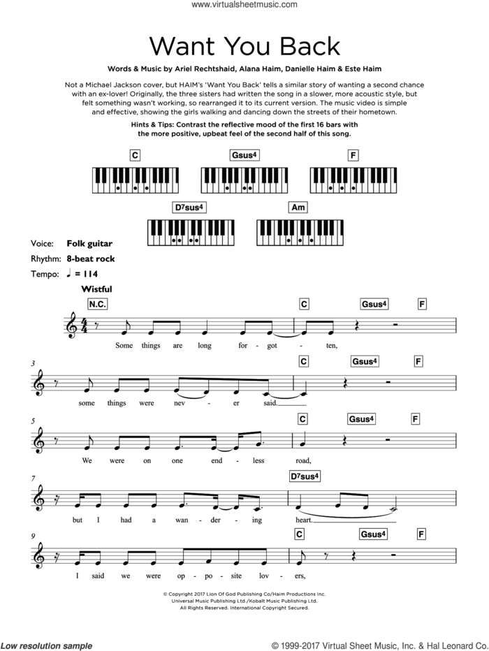 Want You Back sheet music for piano solo (keyboard) by Haim, Alana Haim, Ariel Rechtshaid, Danielle Haim and Este Haim, intermediate piano (keyboard)