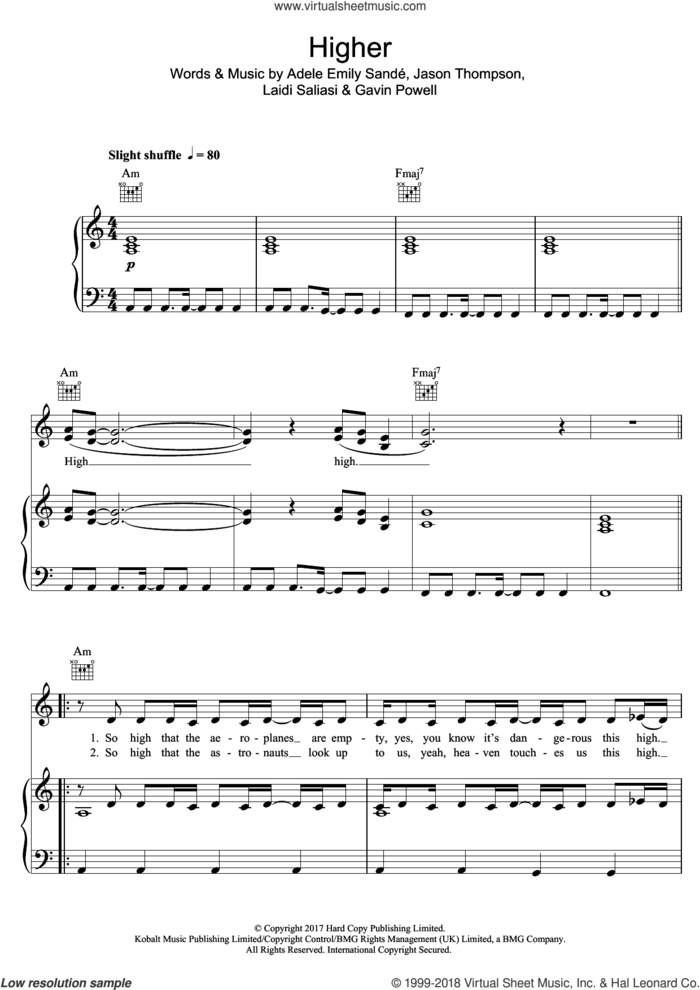 Higher (featuring Giggs) sheet music for voice, piano or guitar by Emeli Sande, Giggs, Adele Emily Sande, Gavin Powell, Jason Thompson and Laidi Saliasi, intermediate skill level