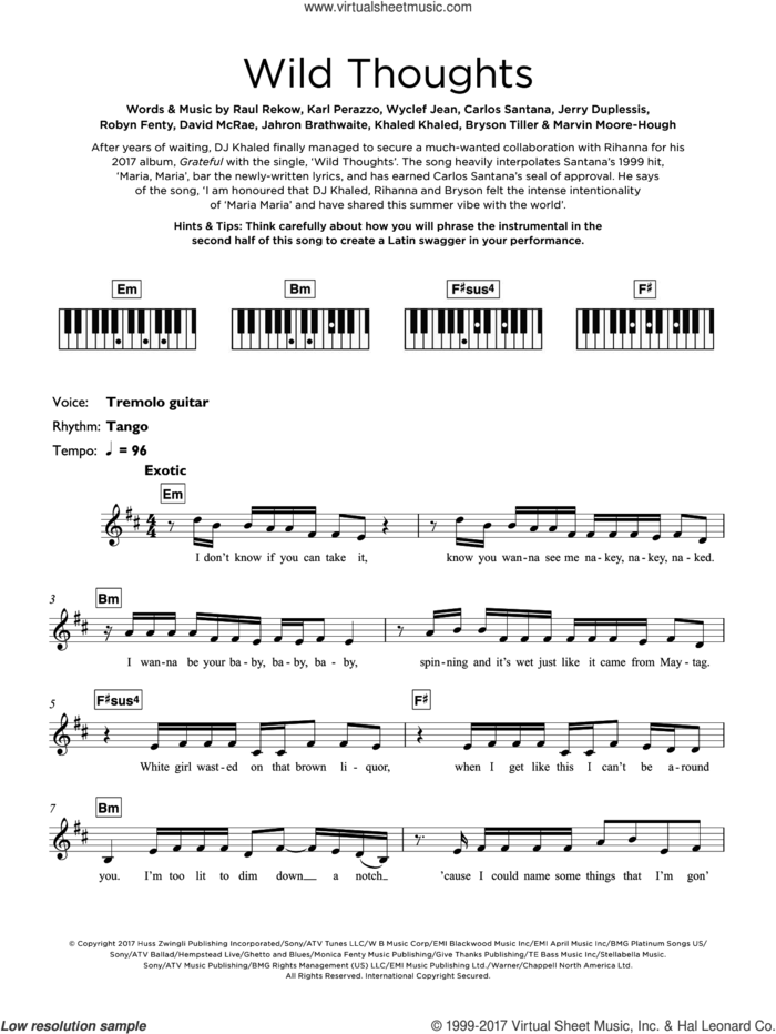 Wild Thoughts (feat. Rihanna and Bryson Tiller) sheet music for piano solo (keyboard) by DJ Khaled, Rihanna, Bryson Tiller, Carlos Santana, David McRae, Jahron Brathwaite, Jerry Duplessis, Karl Perazzo, Khaled Khaled, Marvin Moore-Hough, Raul Rekow, Robyn Fenty and Wyclef Jean, intermediate piano (keyboard)