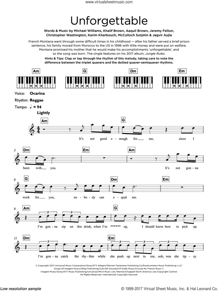 Unforgettable (featuring Swae Lee) sheet music for piano solo (keyboard) by French Montana, Swae Lee, Aaquil Brown, Christopher Washington, Jagvir Aujla, Jeremy Felton, Karim Kharbouch, Khalif Brown, McCulloch Sutphin and Michael Williams, intermediate piano (keyboard)