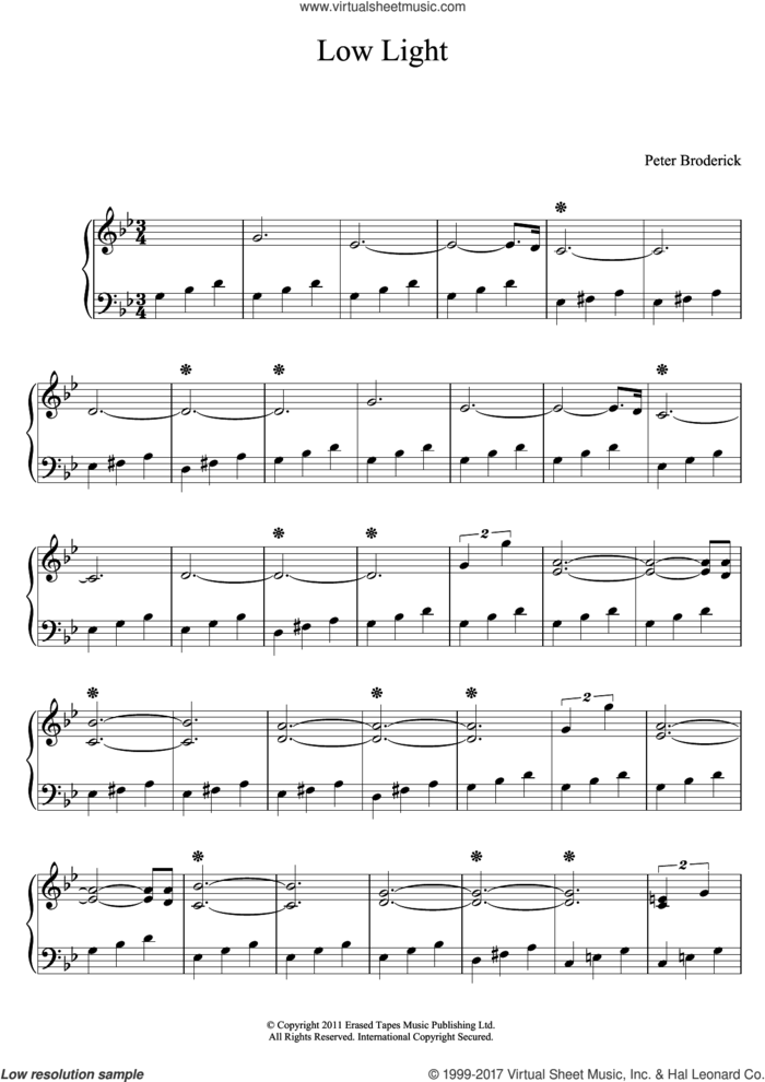 Low Light sheet music for piano solo by Peter Broderick, classical score, intermediate skill level