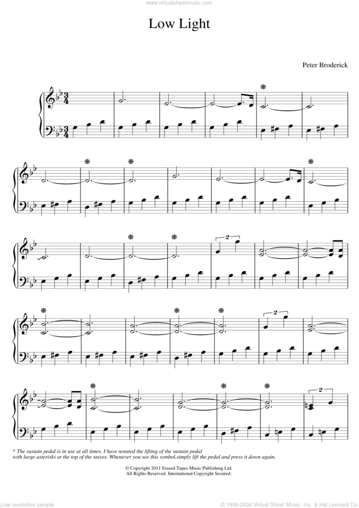 Low Light sheet music for piano solo by Peter Broderick, classical score, intermediate skill level