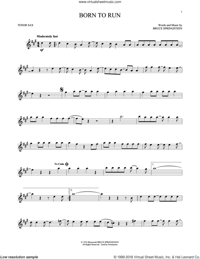 Born To Run sheet music for tenor saxophone solo by Bruce Springsteen, intermediate skill level