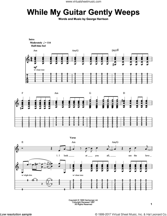 While My Guitar Gently Weeps sheet music for guitar (tablature, play-along) by The Beatles and George Harrison, intermediate skill level