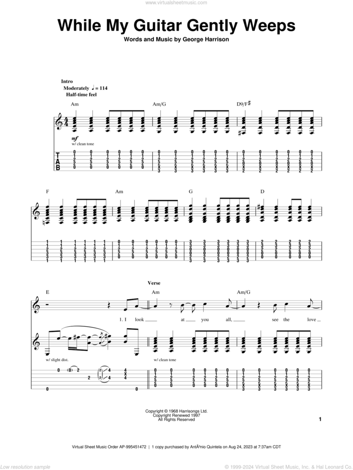 While My Guitar Gently Weeps sheet music for guitar (tablature, play-along) by The Beatles and George Harrison, intermediate skill level