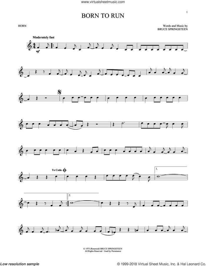 Born To Run sheet music for horn solo by Bruce Springsteen, intermediate skill level