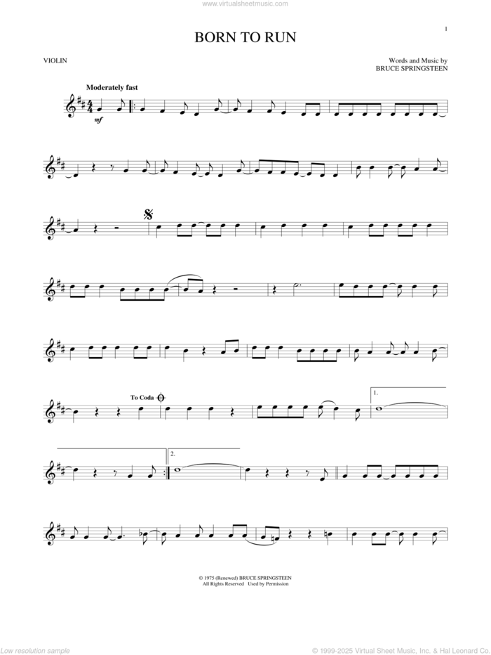 Born To Run sheet music for violin solo by Bruce Springsteen, intermediate skill level