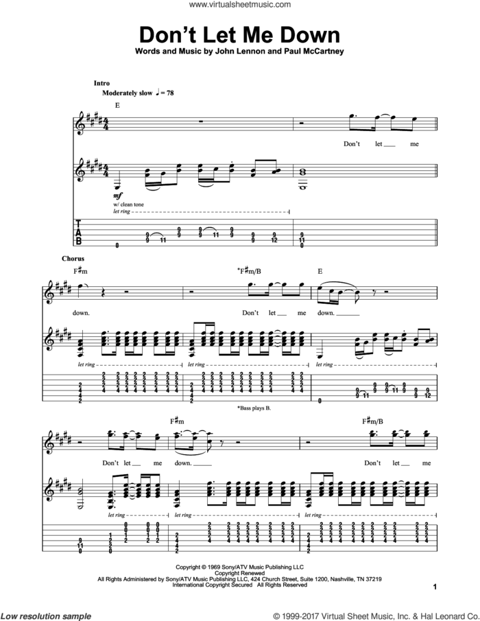 Don't Let Me Down sheet music for guitar (tablature, play-along) by The Beatles, John Lennon and Paul McCartney, intermediate skill level