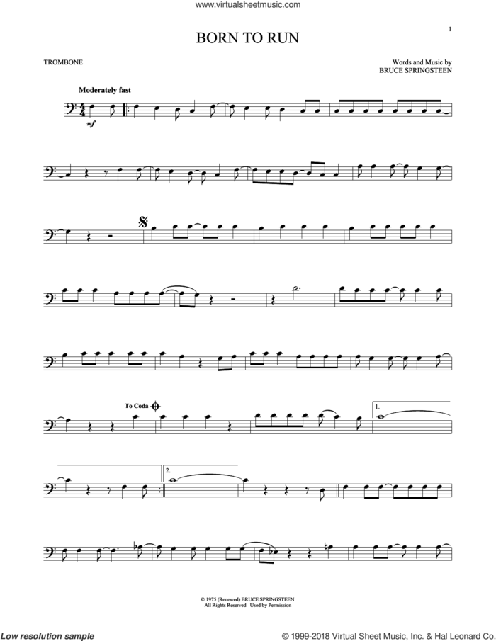 Born To Run sheet music for trombone solo by Bruce Springsteen, intermediate skill level
