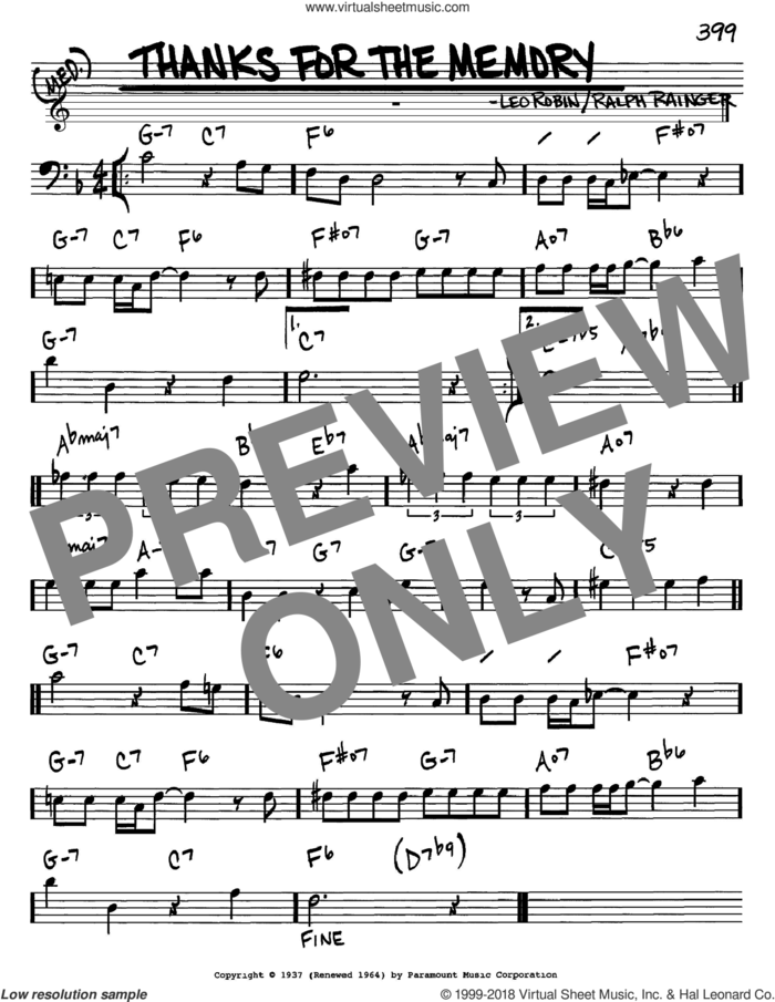 Thanks For The Memory sheet music for voice and other instruments (bass clef) by Ralph Rainger and Leo Robin, intermediate skill level