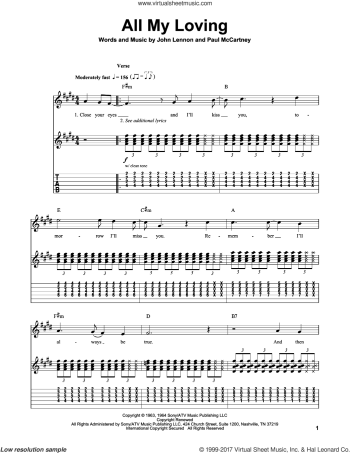All My Loving sheet music for guitar (tablature, play-along) by The Beatles, John Lennon and Paul McCartney, intermediate skill level