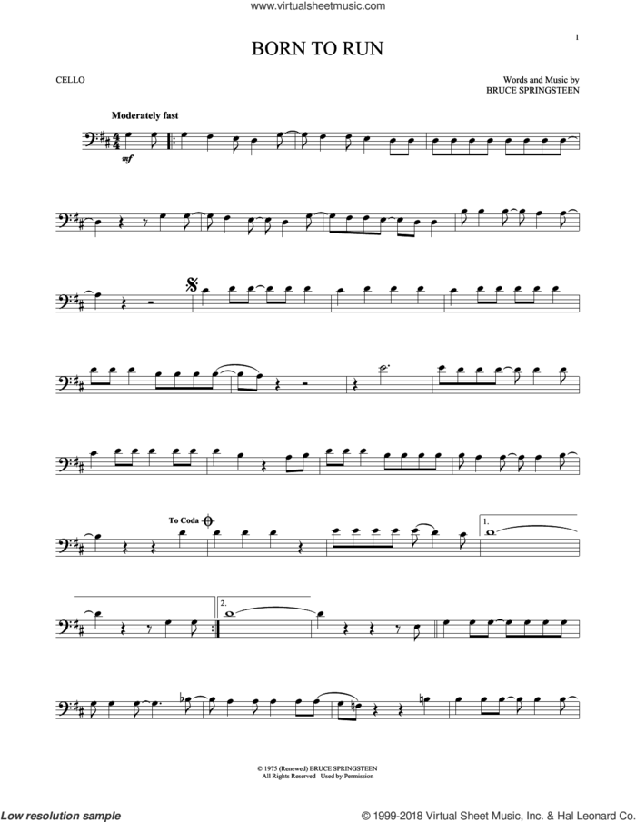 Born To Run sheet music for cello solo by Bruce Springsteen, intermediate skill level