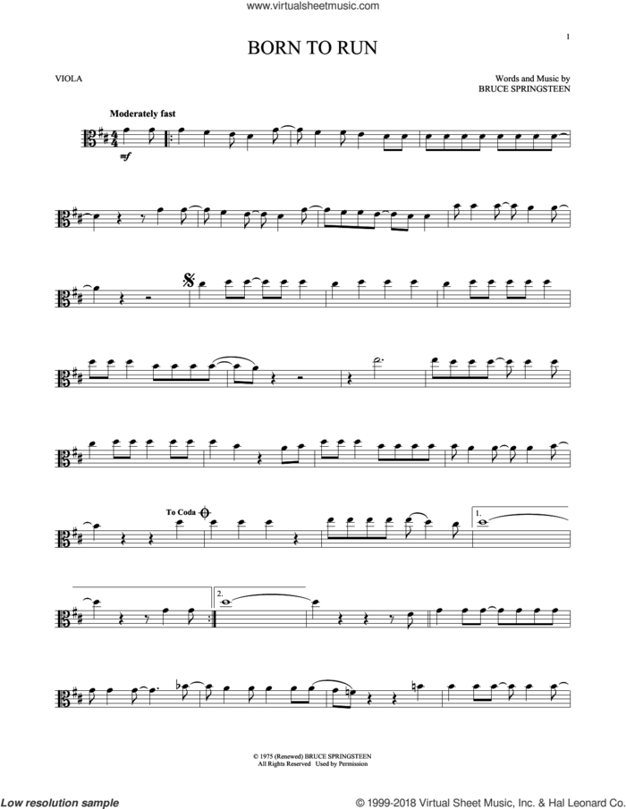 Born To Run sheet music for viola solo by Bruce Springsteen, intermediate skill level