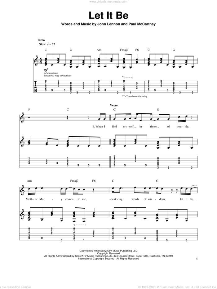 Let It Be sheet music for guitar (tablature, play-along) by The Beatles, John Lennon and Paul McCartney, intermediate skill level