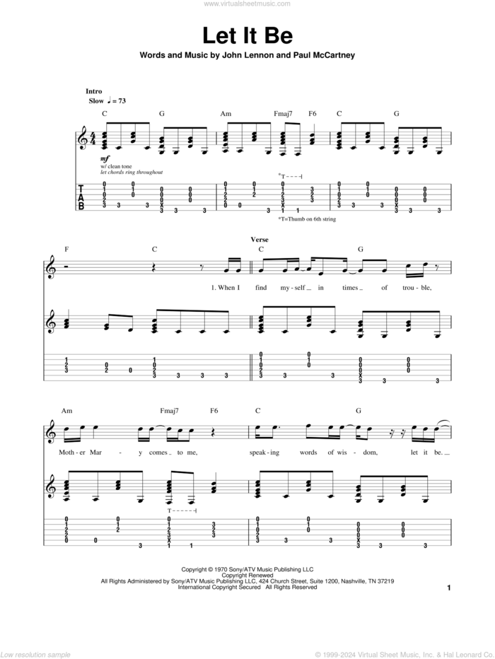 Let It Be sheet music for guitar (tablature, play-along) by The Beatles, John Lennon and Paul McCartney, intermediate skill level