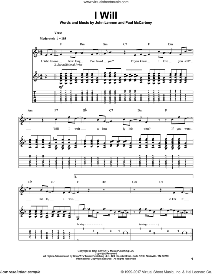 I Will sheet music for guitar (tablature, play-along) by The Beatles, John Lennon and Paul McCartney, wedding score, intermediate skill level