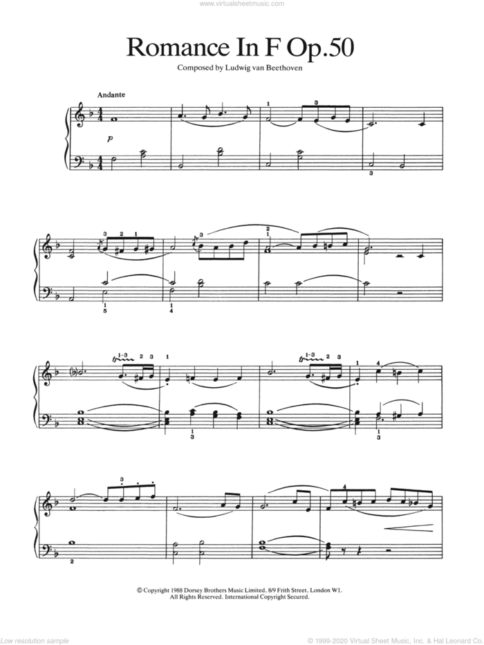Romance In F Major, Op. 50 sheet music for piano solo by Ludwig van Beethoven, classical score, easy skill level
