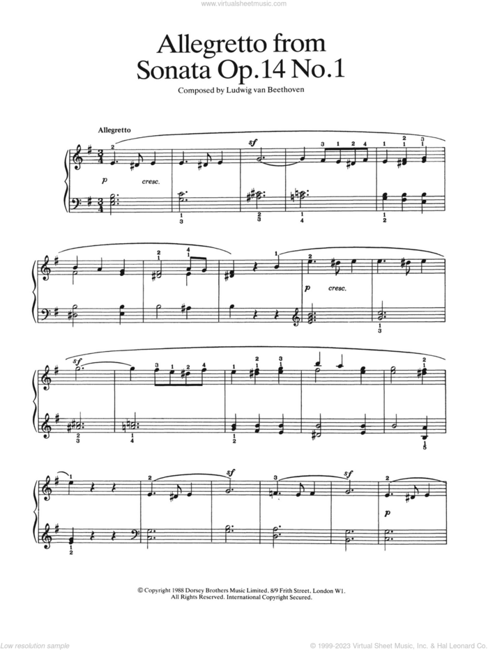 Allegretto from Sonata Op. 14, No. 1 sheet music for piano solo by Ludwig van Beethoven, classical score, easy skill level
