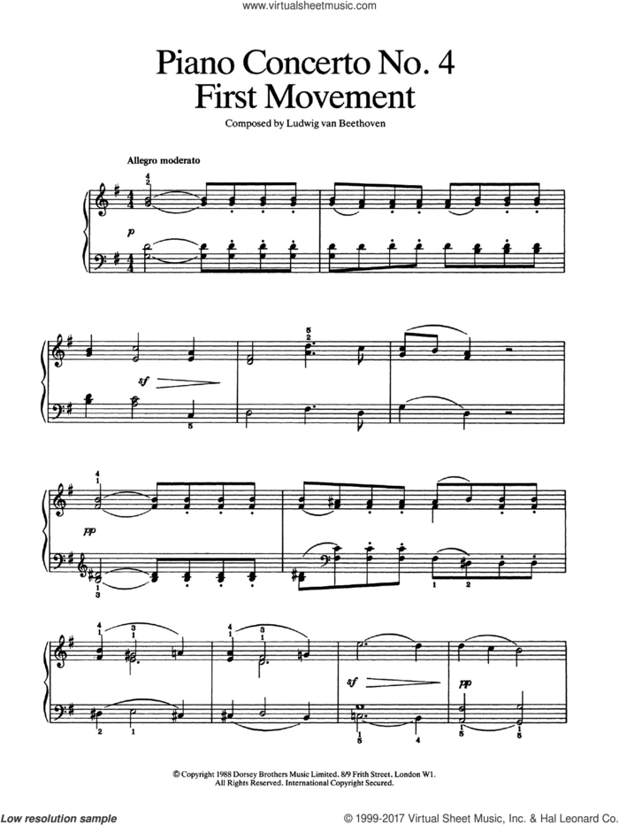 Piano Concerto No.4 In G Major, First Movement sheet music for piano solo by Ludwig van Beethoven, classical score, easy skill level