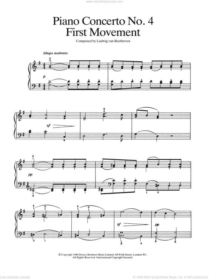 Piano Concerto No.4 In G Major, First Movement sheet music for piano solo by Ludwig van Beethoven, classical score, easy skill level