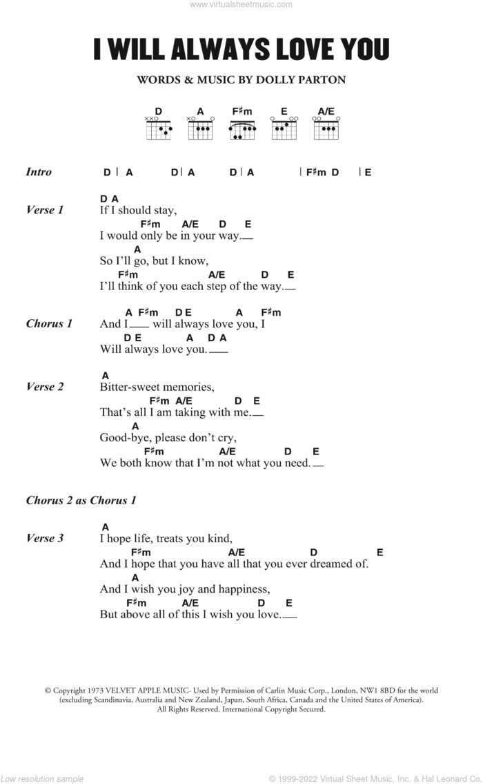 I Will Always Love You sheet music for guitar (chords) by Dolly Parton, wedding score, intermediate skill level