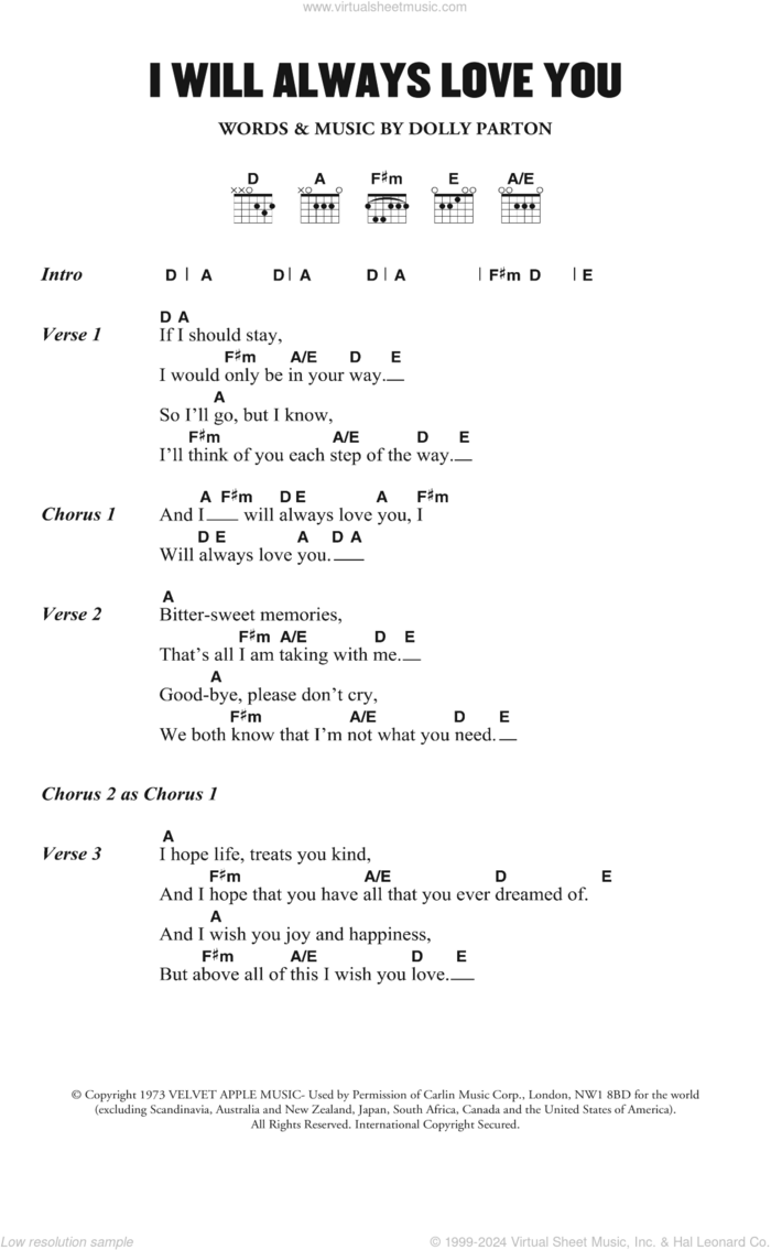 I Will Always Love You sheet music for guitar (chords) by Dolly Parton, wedding score, intermediate skill level