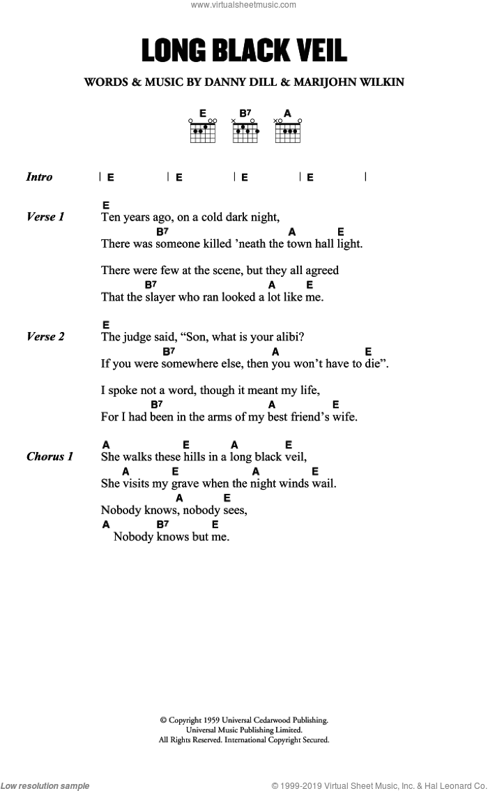 Long Black Veil sheet music for guitar (chords) by Lefty Frizzell, Danny Dill and Marijohn Wilkin, intermediate skill level