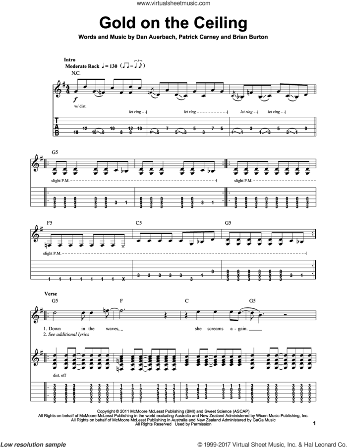 Gold On The Ceiling sheet music for guitar (tablature, play-along) by The Black Keys, Brian Burton, Daniel Auerbach and Patrick Carney, intermediate skill level