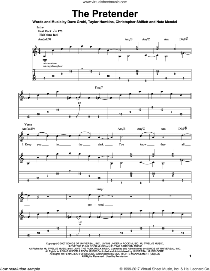 The Pretender sheet music for guitar (tablature, play-along) by Foo Fighters, Christopher Shiflett, Dave Grohl, Nate Mendel and Taylor Hawkins, intermediate skill level