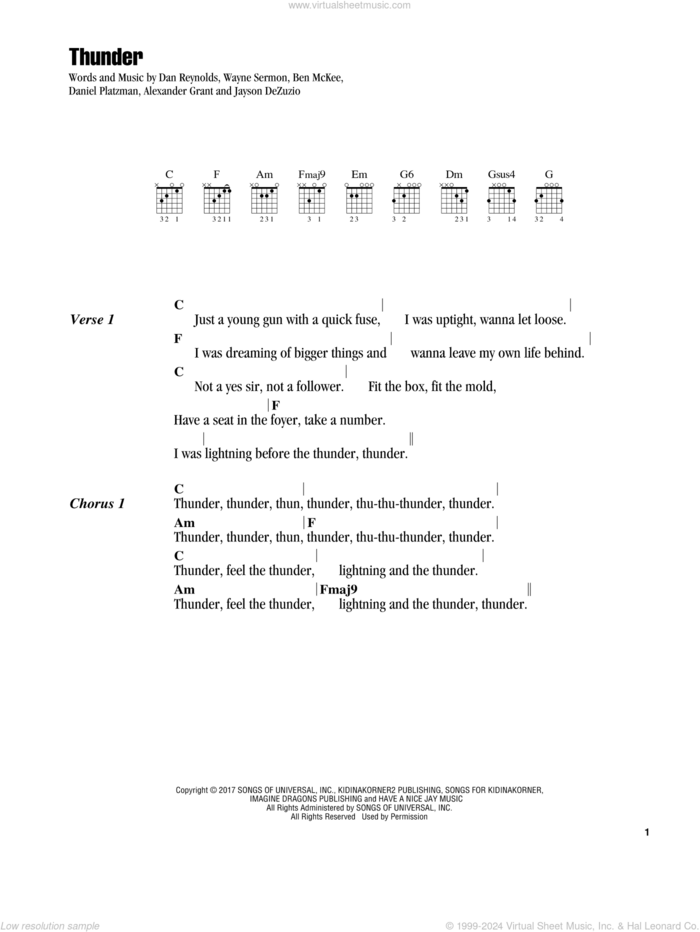 Thunder sheet music for guitar (chords) by Imagine Dragons, Alexander Grant, Ben McKee, Dan Reynolds, Daniel Platzman, Jayson Dezuzio and Wayne Sermon, intermediate skill level