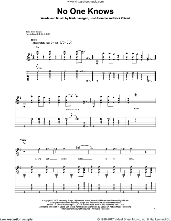 No One Knows sheet music for guitar (tablature, play-along) by Queens Of The Stone Age, Josh Homme, Mark Lanegan and Nick Oliveri, intermediate skill level